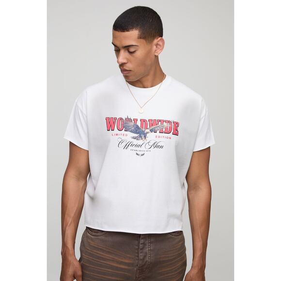 boohooMAN White Worldwide Eagle Graphic Tee Streetwear Retro Vibe Aesthetic NEW - Picture 1 of 9